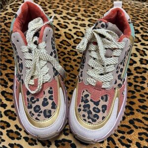 New Blowfish Malibu Leopard Print Sneakers with Gold and Pink Accents